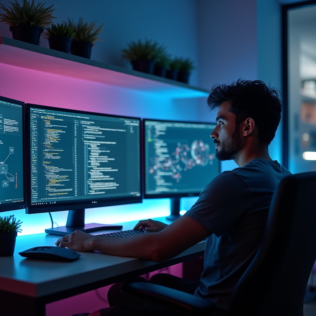 Male Chief Technology Officer in his late 20s wearing casual smart attire coding at a multi-monitor setup with ambient lighting