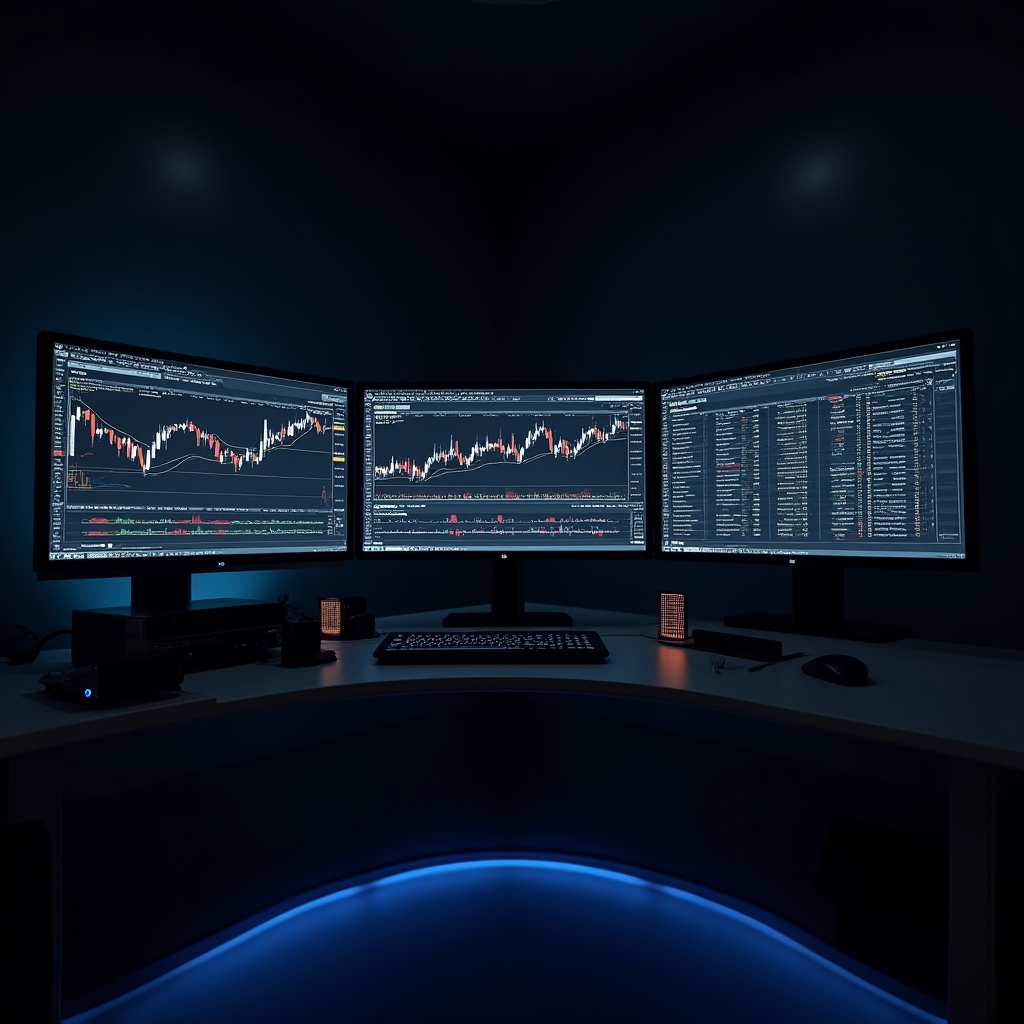 Digital asset exchange platform interface showing order book depth charts and price graphs on multiple screens in a dark-themed interface