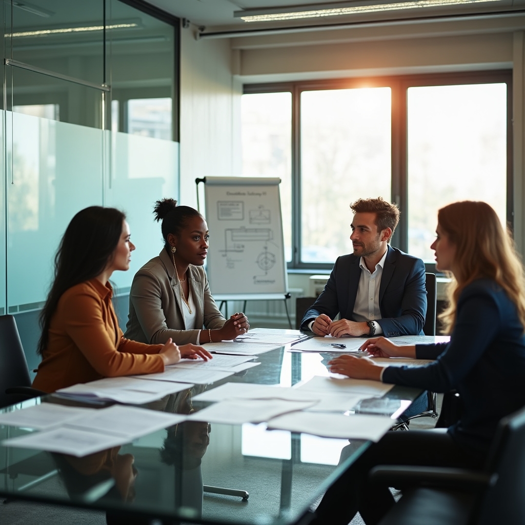 Small team of four professionals in a modern meeting room with glass walls reviewing documents collaboratively in warm afternoon light